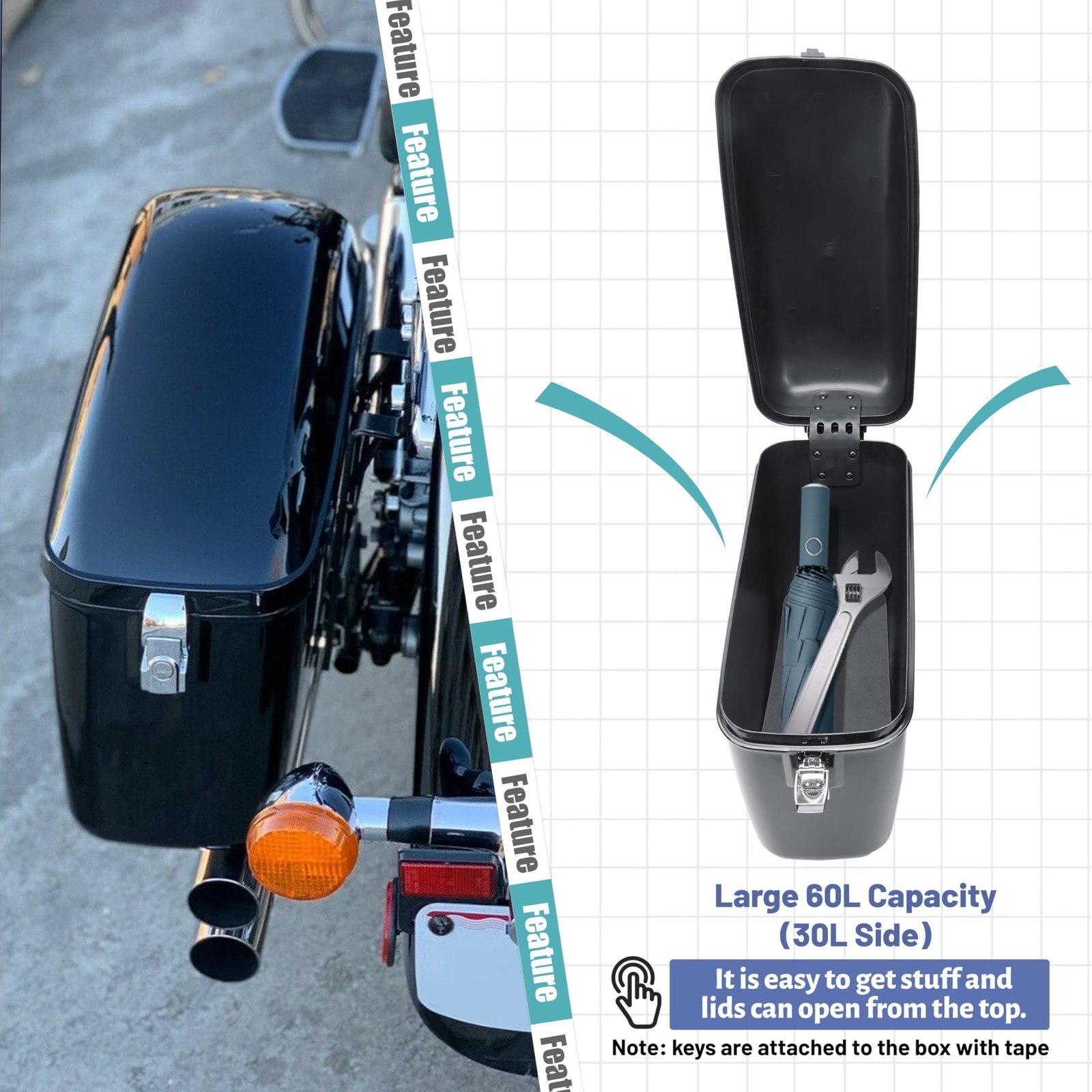 ECOTRIC Large 60L Motorcycle Hard Saddle Bags W/brackets Compatible