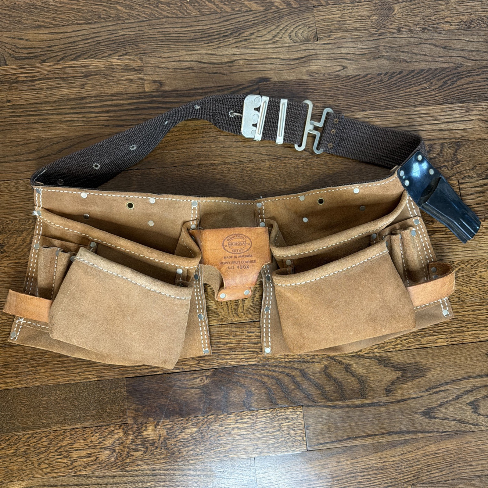 Nicholas Heavy Split Cowhide Handyman Leather Tool Belt 490X Pouch Carpenter EUC