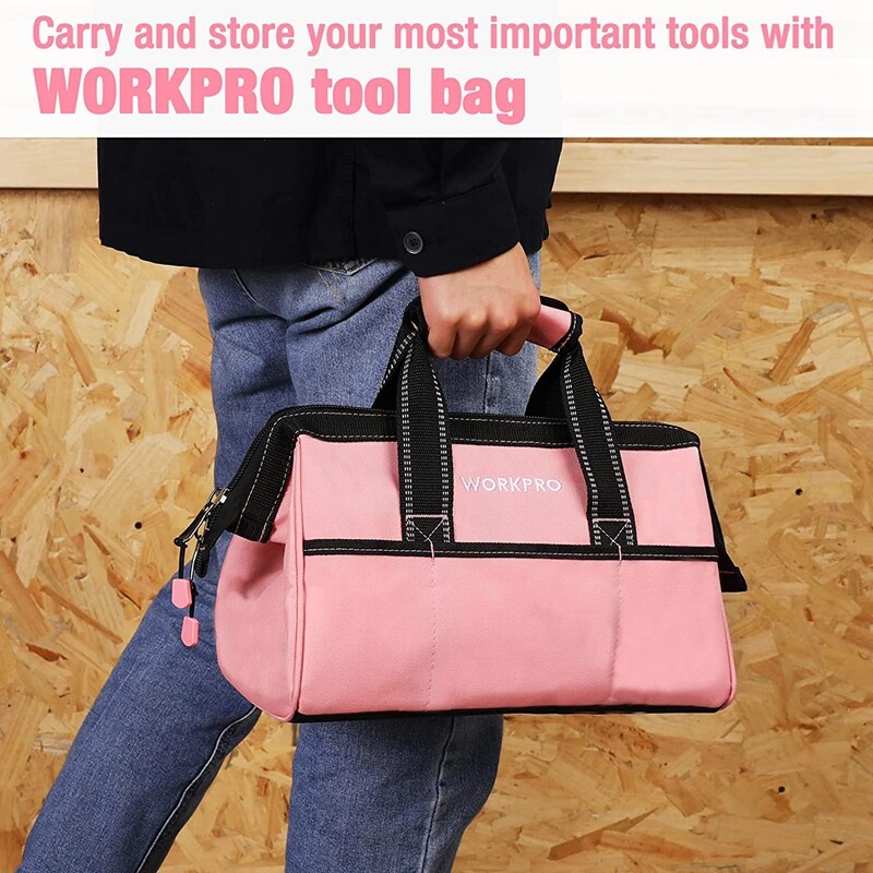 WORKPRO 13-Inch Tool Bag Pink Soft Cloth Tool Storage Bags Wide Mouth Tool Bag