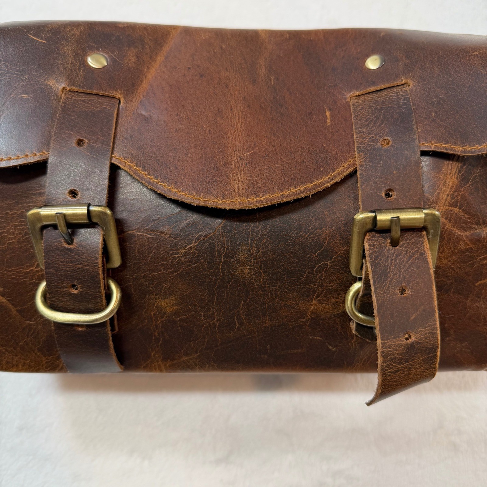 Unbranded Leather Handlebar Tool Bag Brown Good Distressed Buckle Moto Accessory