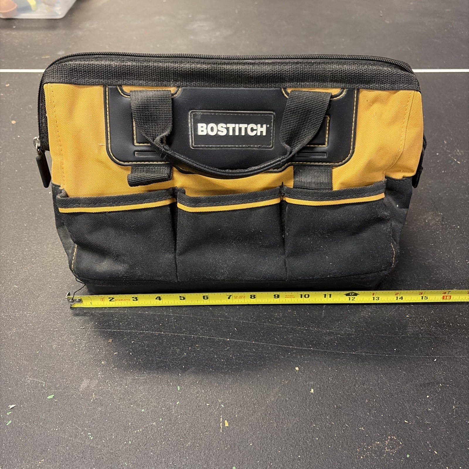 Bostitch Tool Bag Black Yellow Hard Bottom Multi Pocket Zippered 14 Inch Carry
