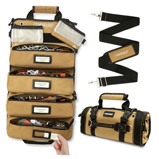Roll Up Tool Bag, 600D Oxford PVC Coated Tool Organizer with 11 Roll-Up Khaki