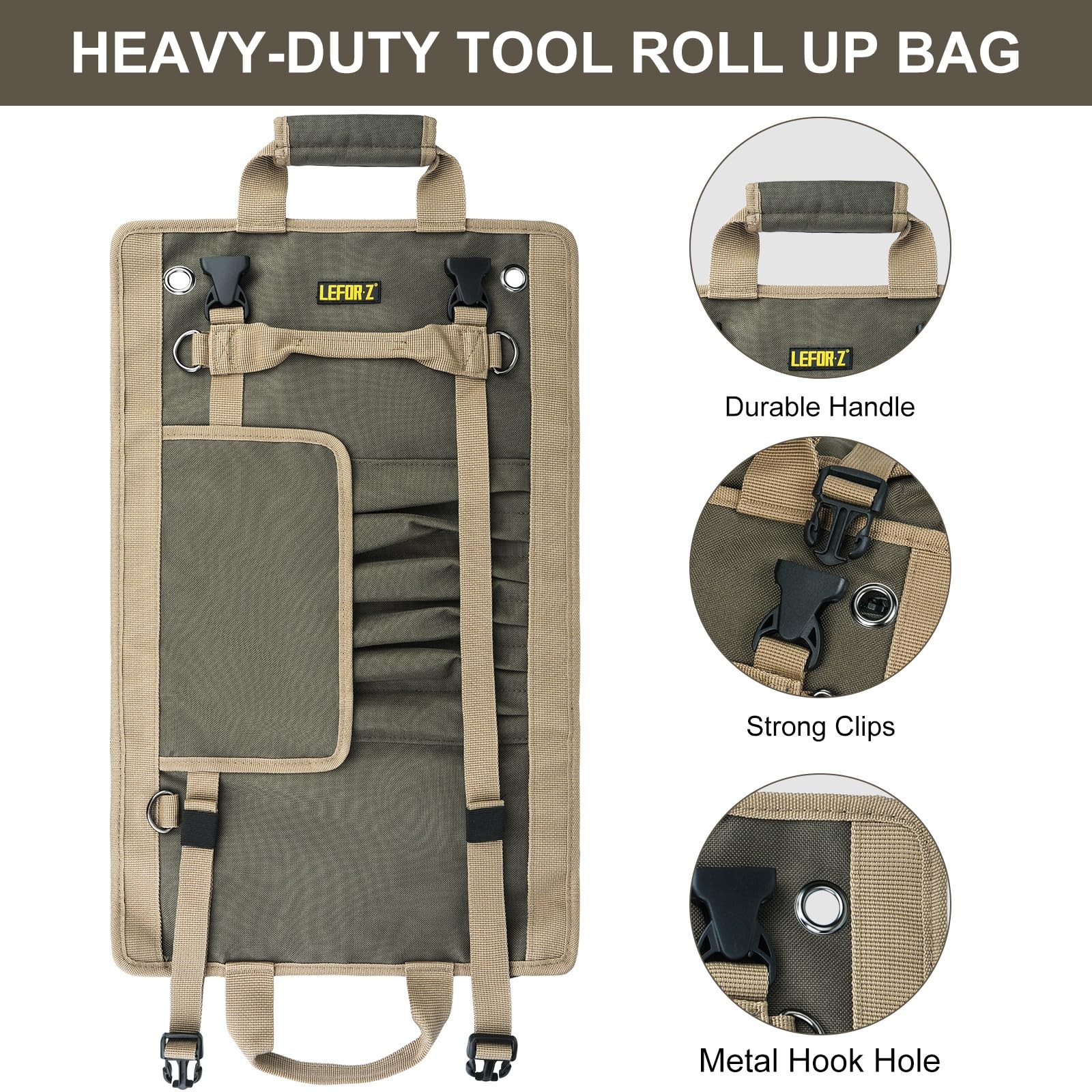 Tool Bag,Large Roll Up Bag Organizer,13 Pockets X-Large, Olive Green