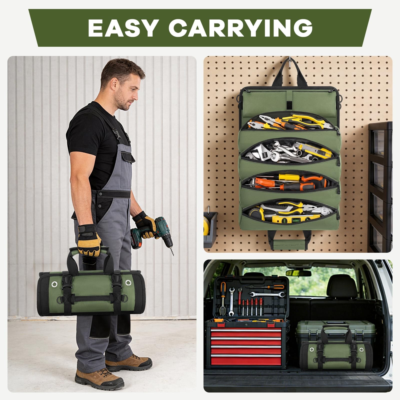 Green Regular Roll Up Tool Bag Organizer Heavy Duty 2 Detachable Pouches
