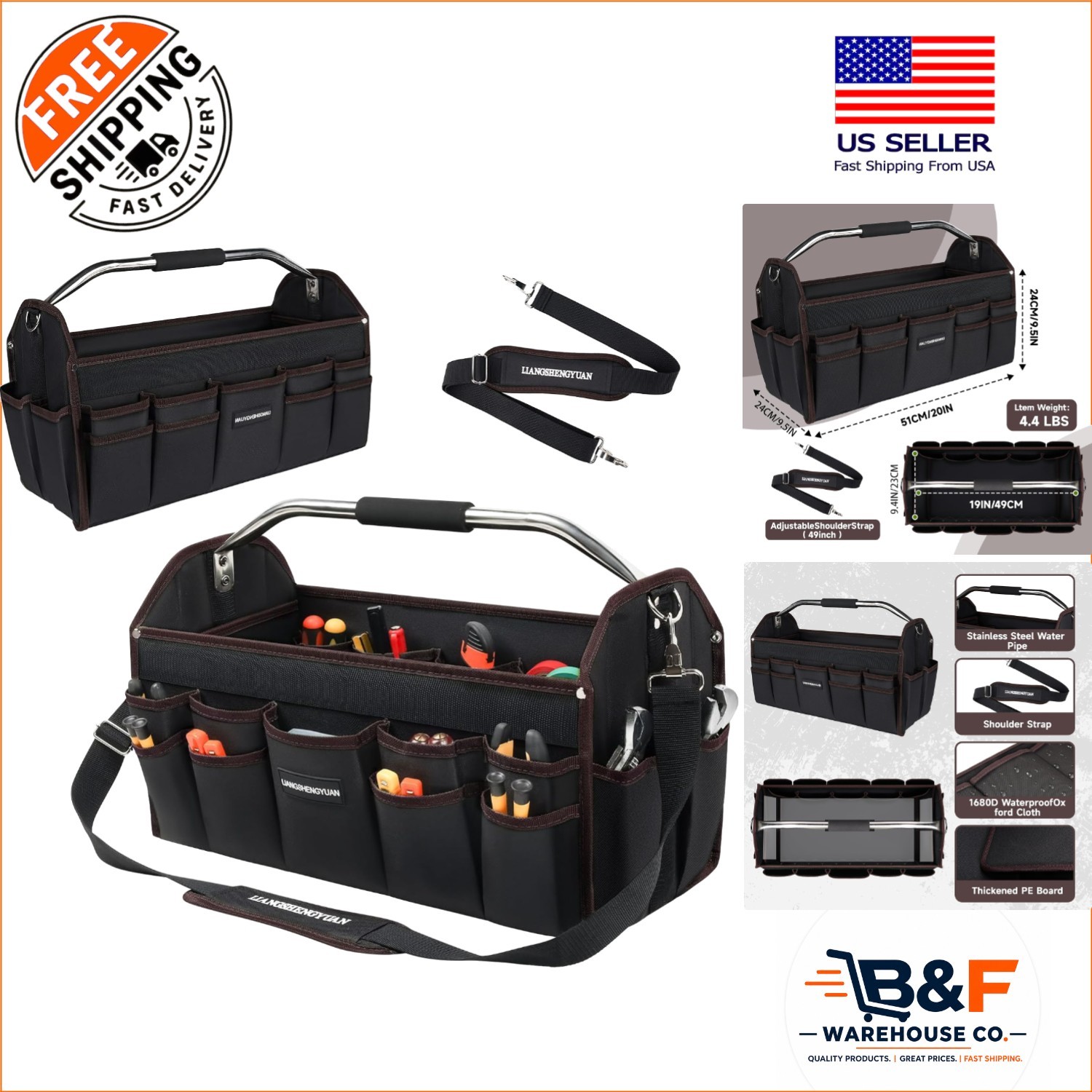 Rugged 20″ Electrician Tool Tote – Open Top with Removable Strap & 30 Pockets