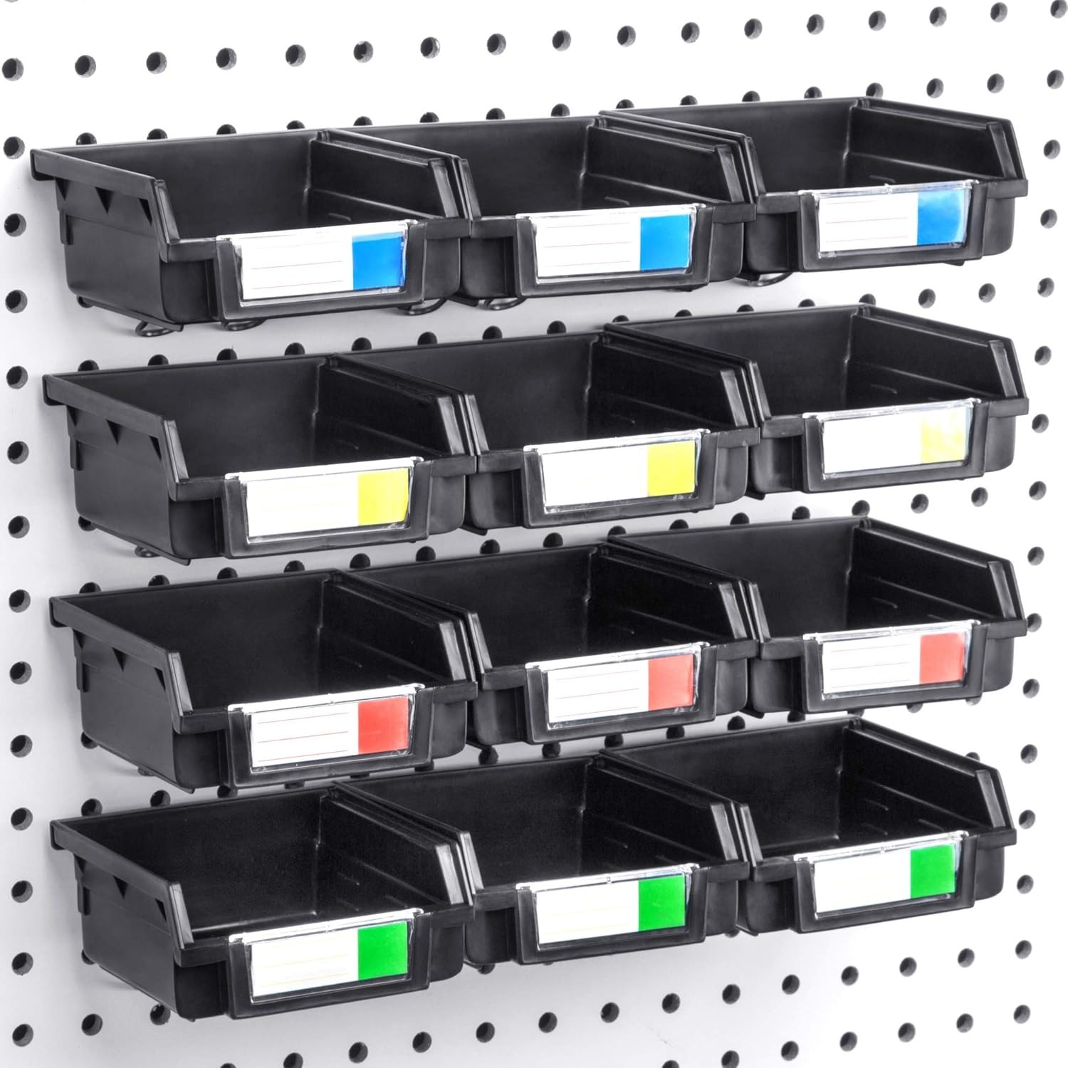 Pegboard Bins – 12 Pack Black – Hooks to Any Peg 3.5 Inch (Pack of 12),