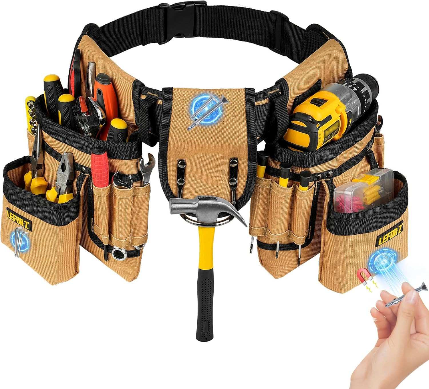 Tool Belt,Magnetic Tool Pouch,27-Pockets Heavy Duty Padded Tool Belts for Men,De