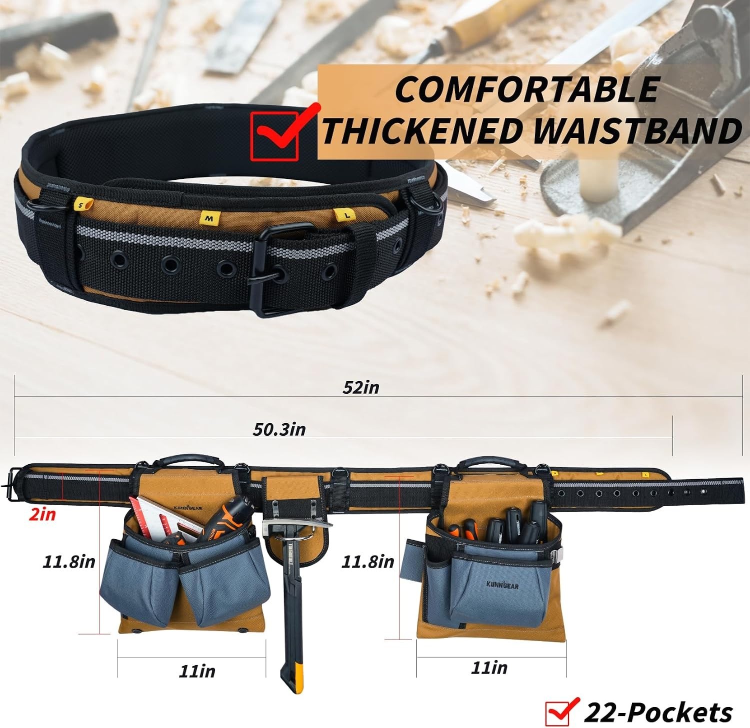 Durable Adjustable Carpenter Tool Rig – Khaki Belt with 6 Pockets (Up to 50 in)