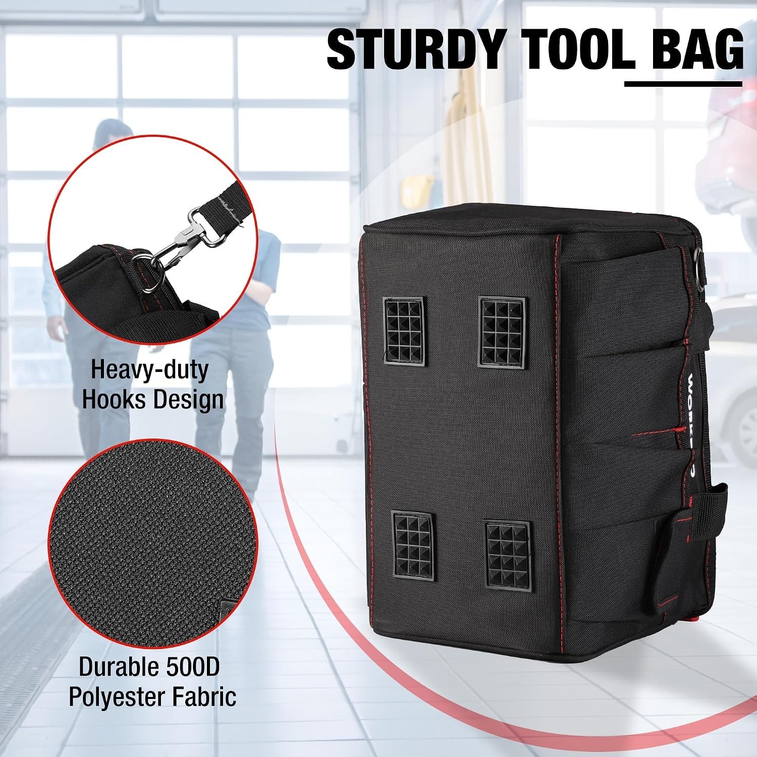 Spacious 12-Inch Tool Bag with 7 Pockets and Wide Mouth Access – Black & Red