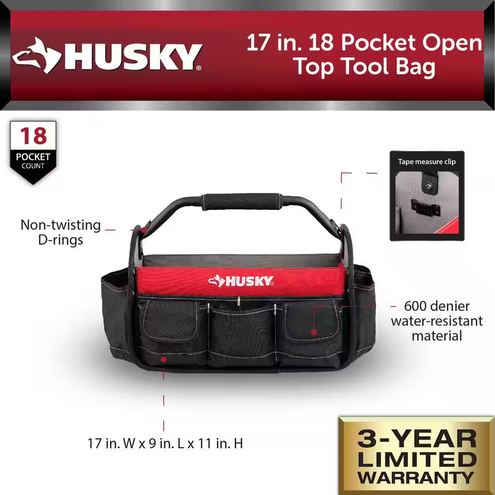 Husky Tool Bag 17 in 18 Pocket Open Top Padded Handle Weatherproof Polypropylene