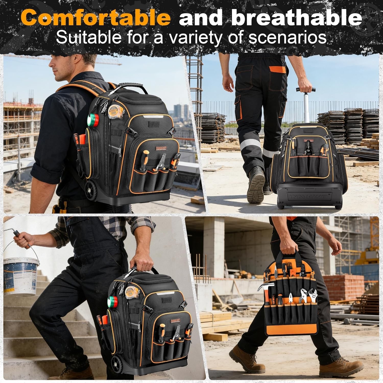 Rolling Tool Backpack Bag with Wheels, Heavy Duty Tool Bag on Wheels for Men, HV