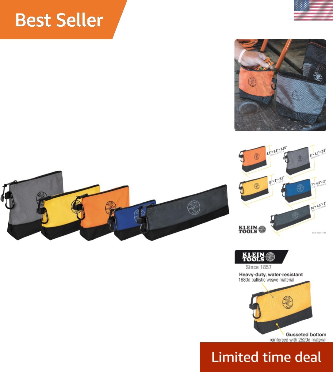 Klein Tools 55569 Stand-Up Zipper Bag Tool Pouch with Carabiners, Reinforced