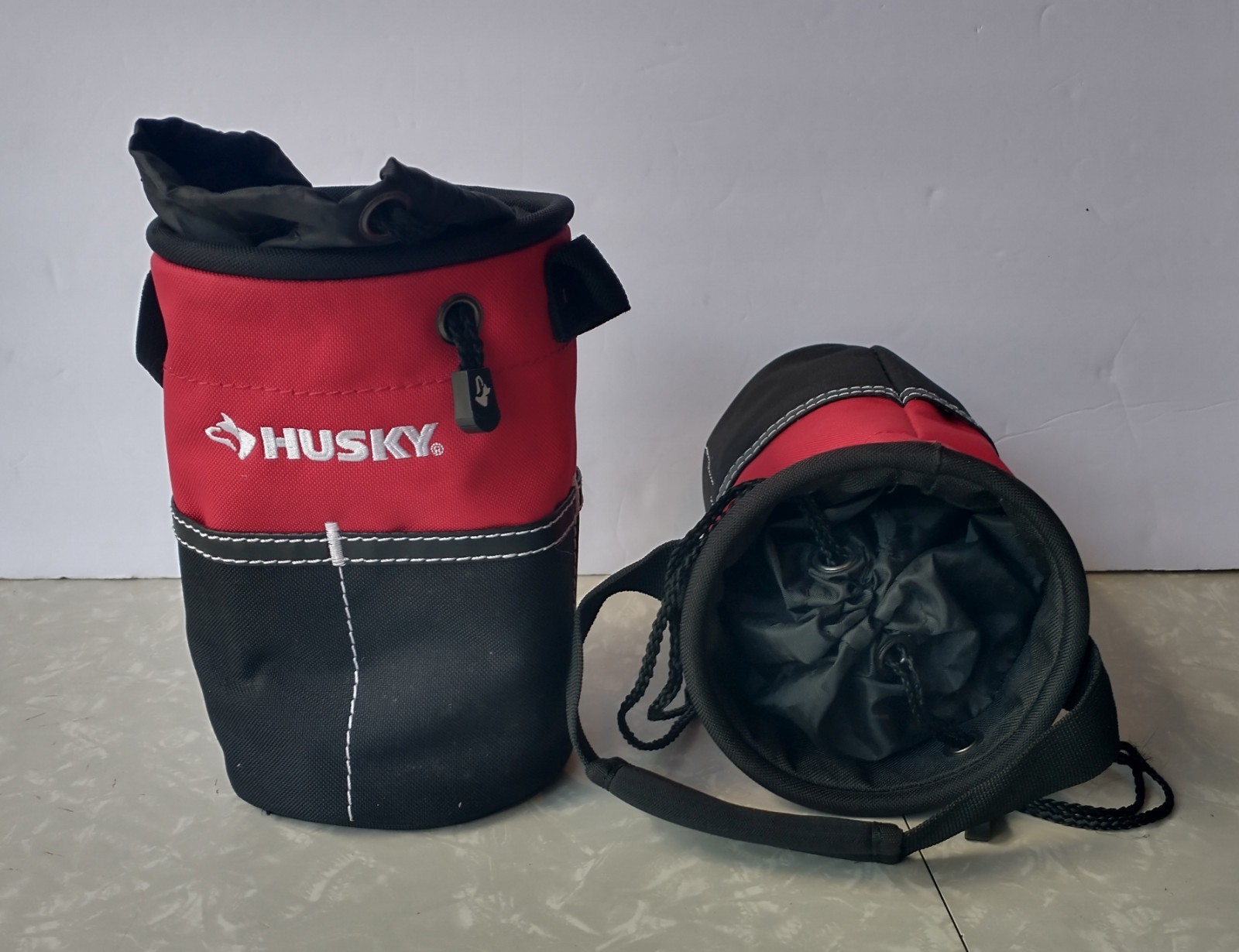 2 Husky 9″ Tool Bags Sacks Bosun Drawstring Side Pockets Round Portable