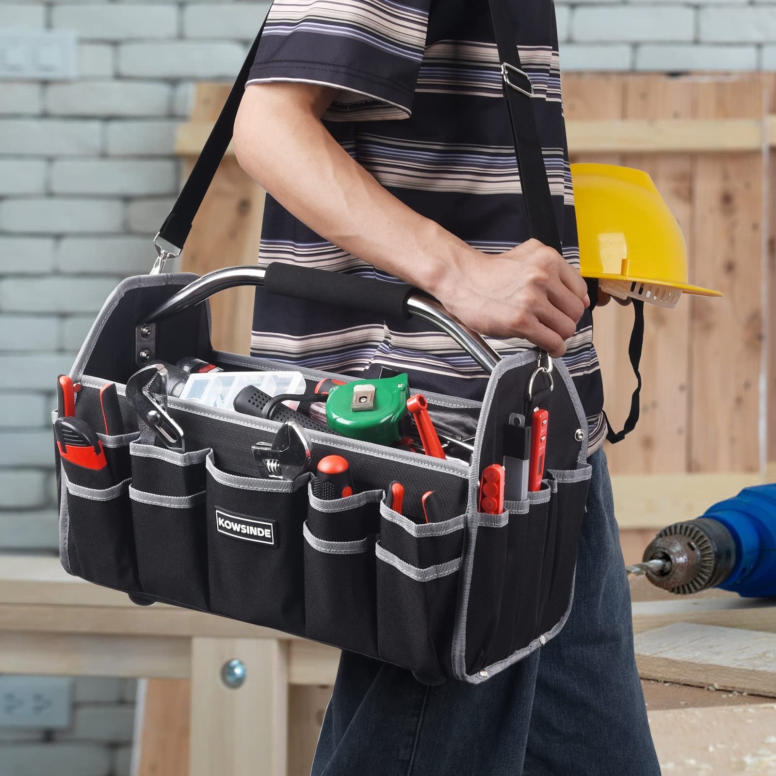 16″ Electrician Tool Bag – Open Top, 26 Pockets, Steel Handle, Removable Strap
