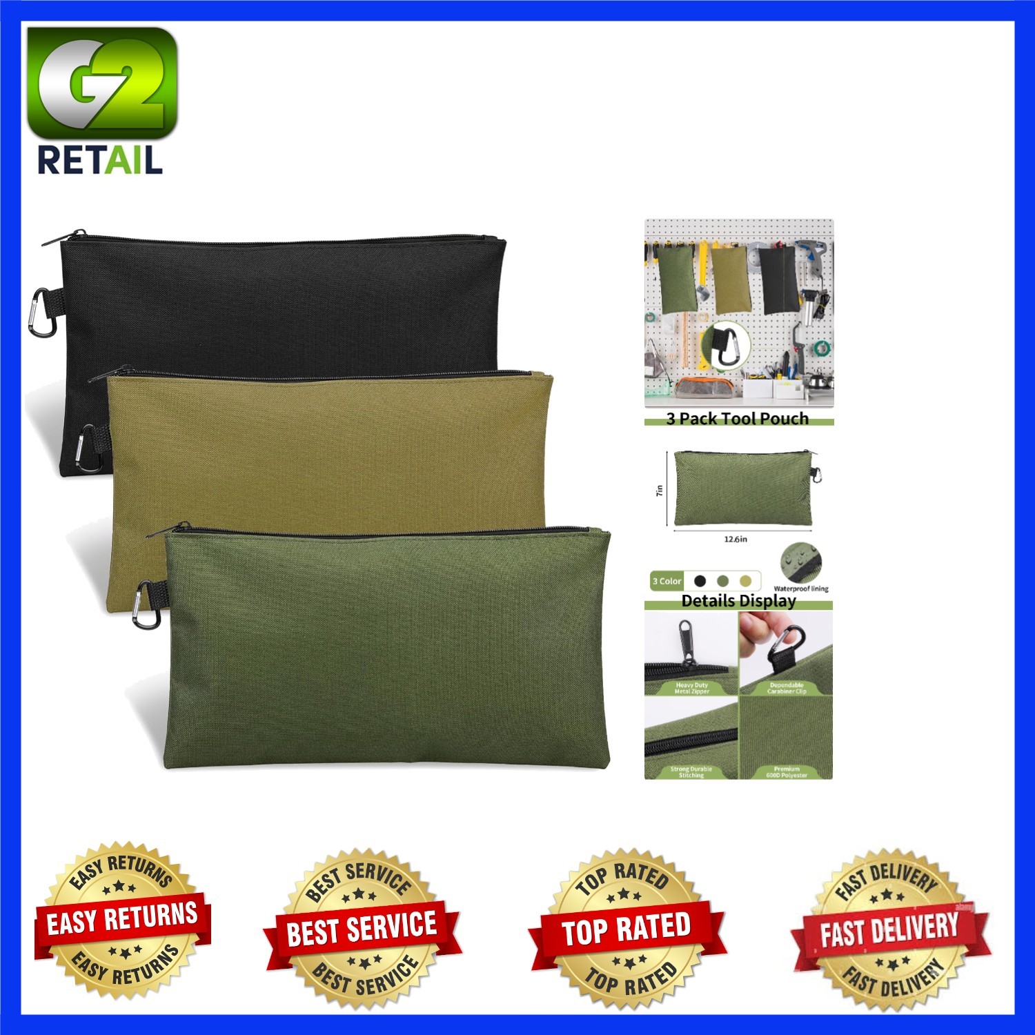 Durable Multipurpose Tool Pouch Set – Waterproof Storage Organizer, 12.6×7 in