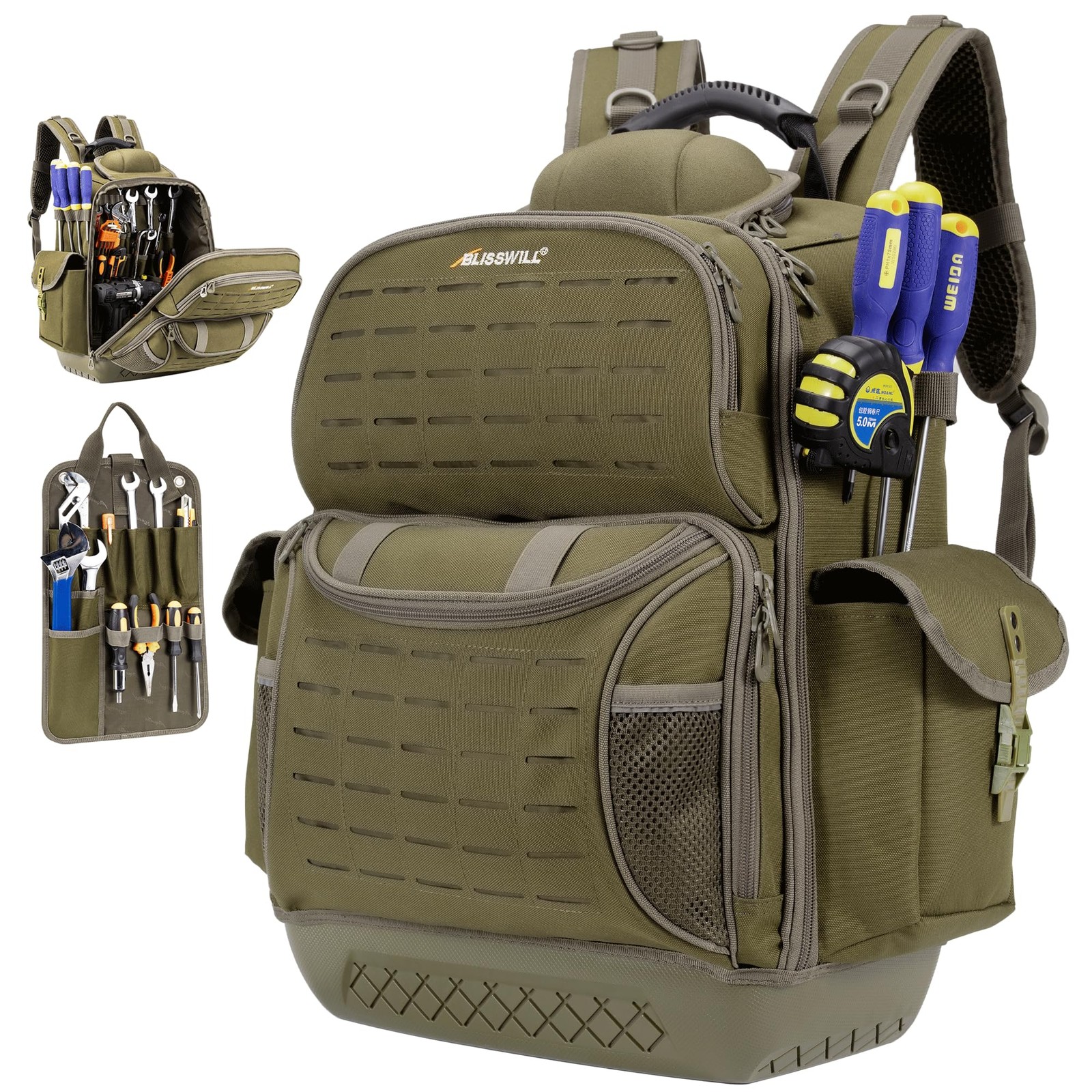 BLISSWILL Tool Bag Backpack for men,Heavy 14″ L x 8″ W x 19.5″ H, Dark Khaki