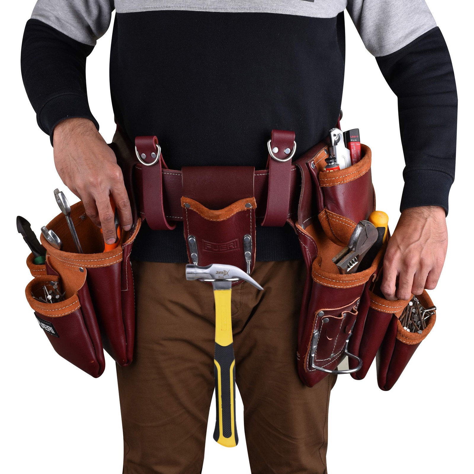 FUERI Leather Tool Belts for Men, Heavy-Duty Adjustable, Maroon Belt