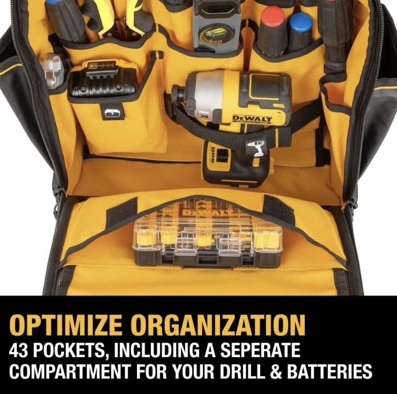 DeWALT PRO Durable Denier Fabric Backpack DWST560102 w/ 43 Pockets NEW Water Res