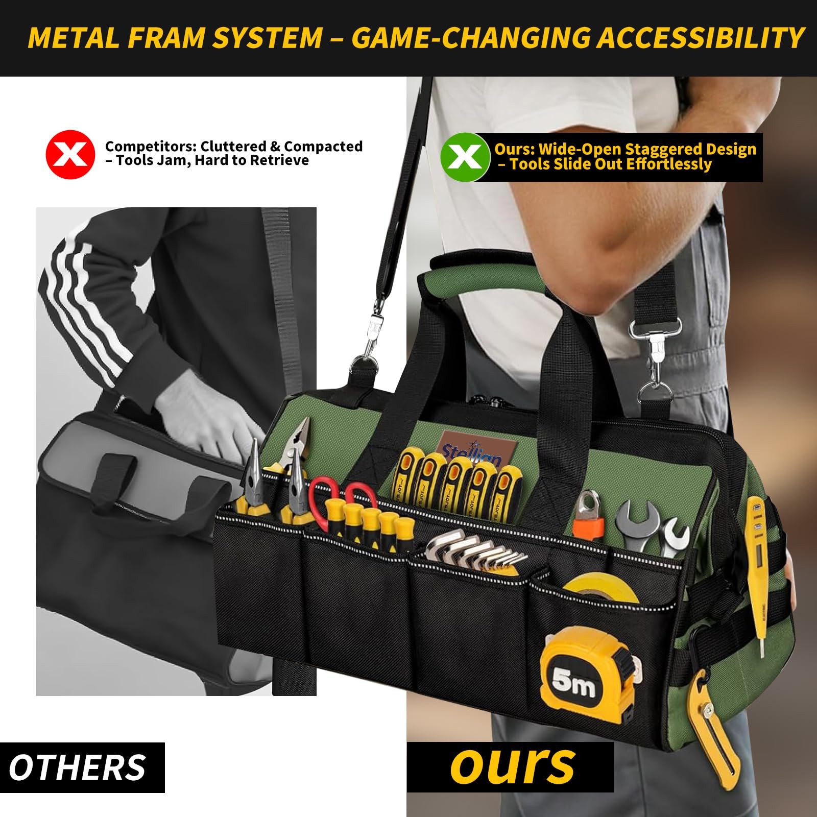 Bolsa herramientas resistente de 40 cm, organizador portátil con 25 bolsillos.