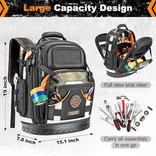 Heavy Duty Tool Backpack for Men, Durable 1680D Organizer with Molded Base & Loc