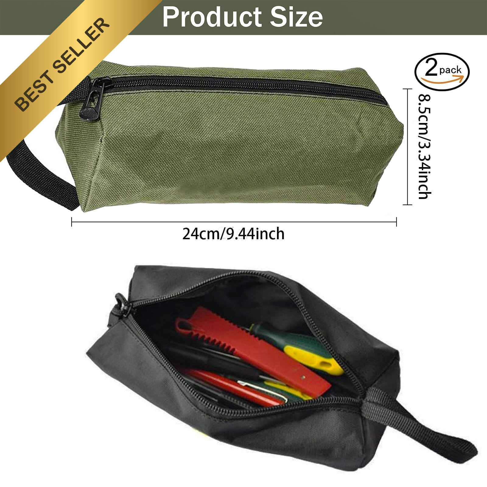2 Pack Canvas Tool Pouch Bags Multi-Purpose Zipper Storage Electrician Organizer
