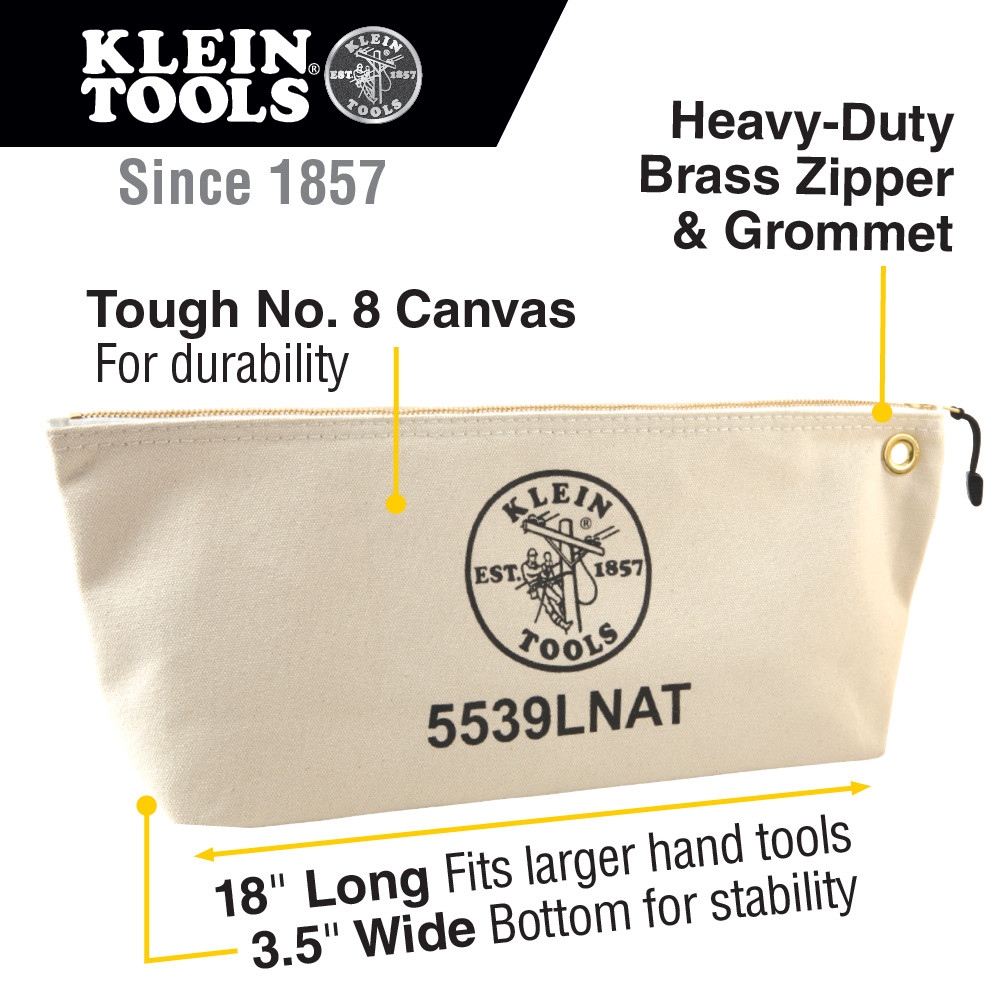Klein Tools 5539LNAT Canvas Zipper Pouch, 16-Inch Tool Bag Storage Organizer