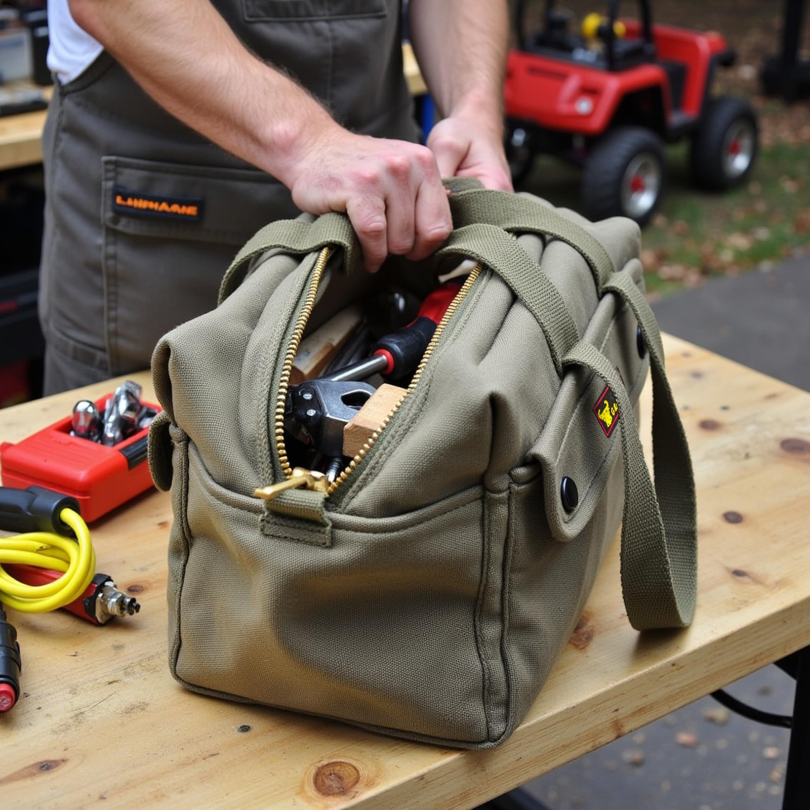 Waxed Canvas Military Duffle Bag, WaterResistant, Adjustable Strap, Double Zi…