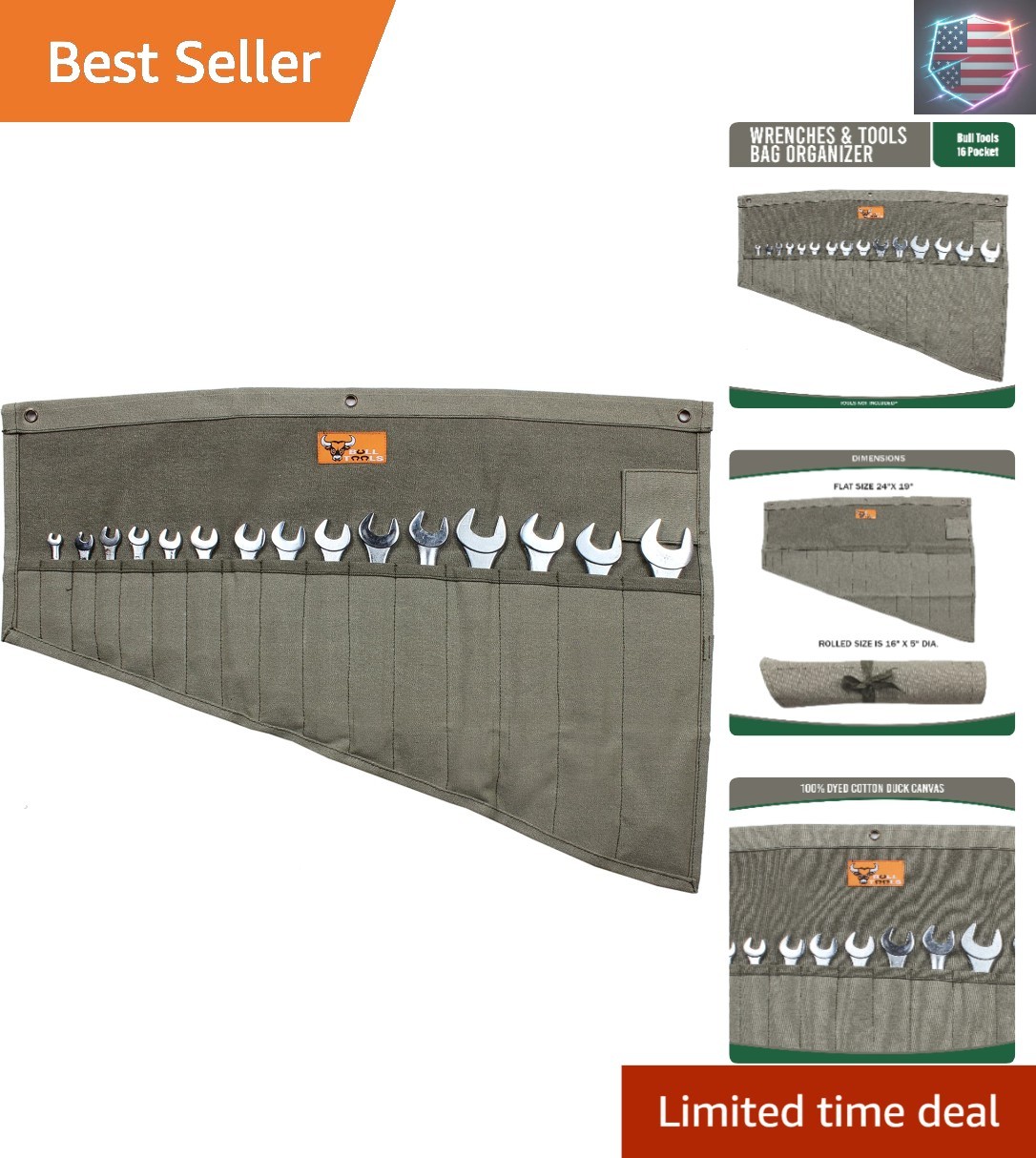 Roll Up Tool Bag Organizer 16 Pockets Metric & SAE Wrench Organizer Heavy Dut..,