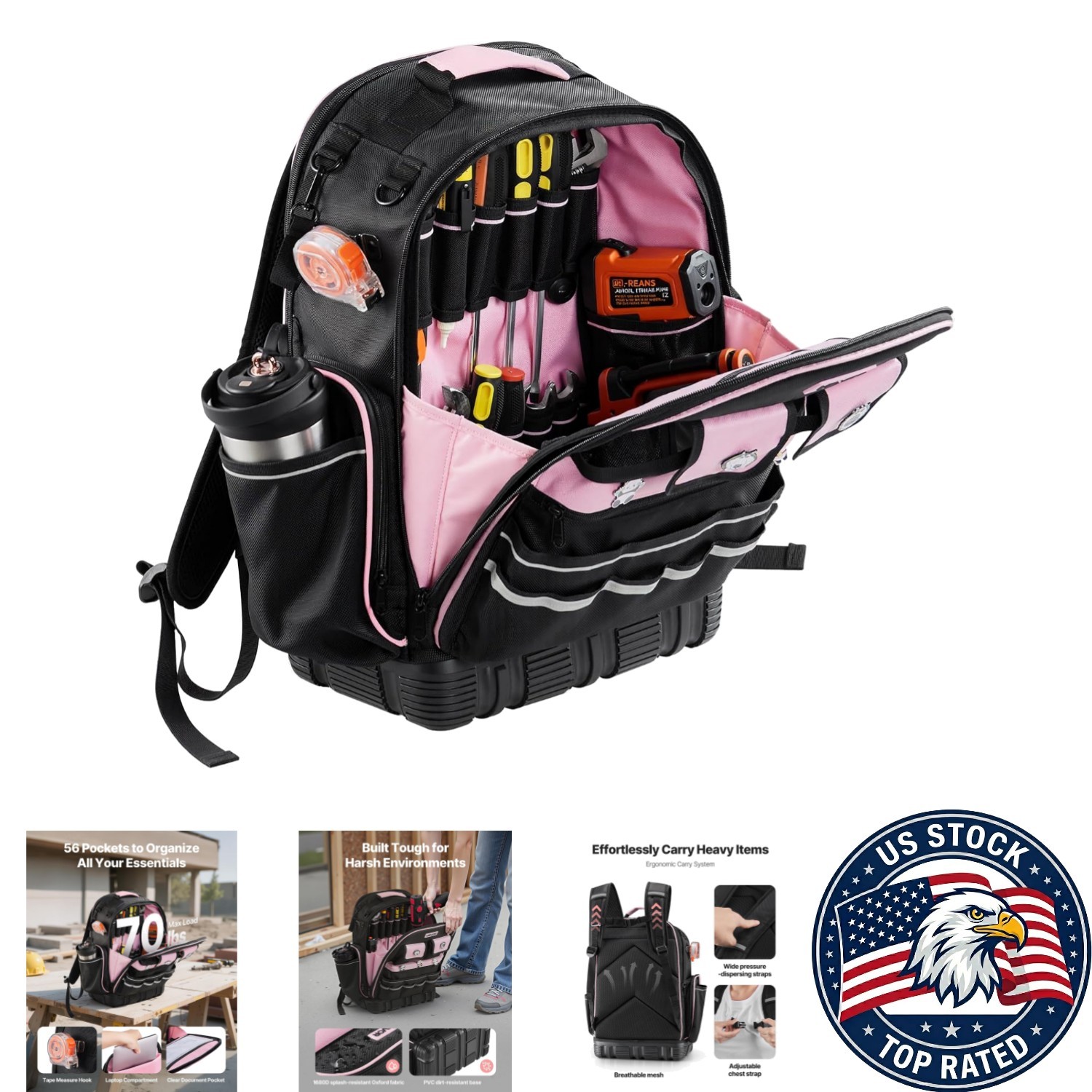 56-Pocket Tool Backpack – Stylish Electrician Organizer with Laptop Compartment