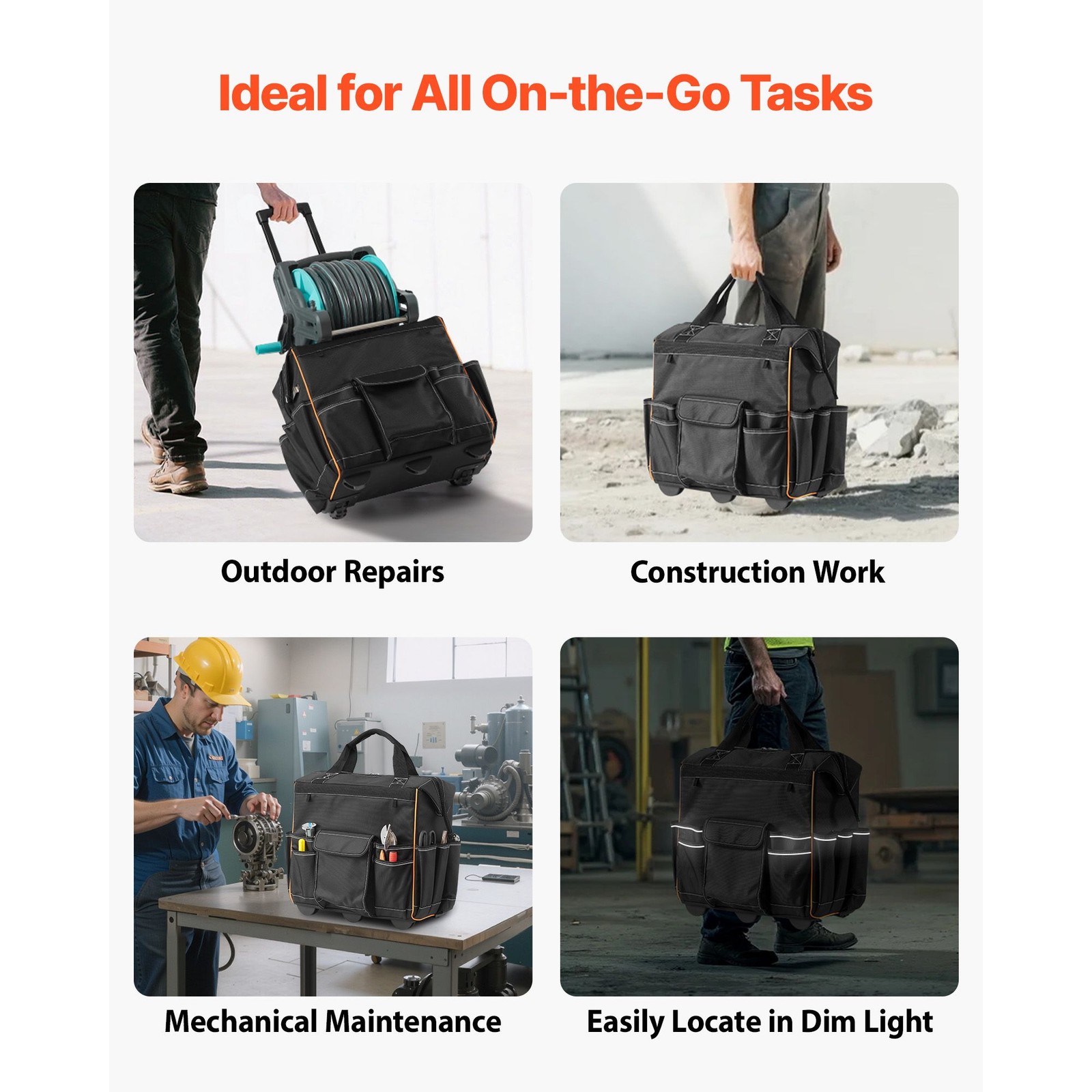 110lb 1680D 25-Pocket Rolling Tool Bag Wheels