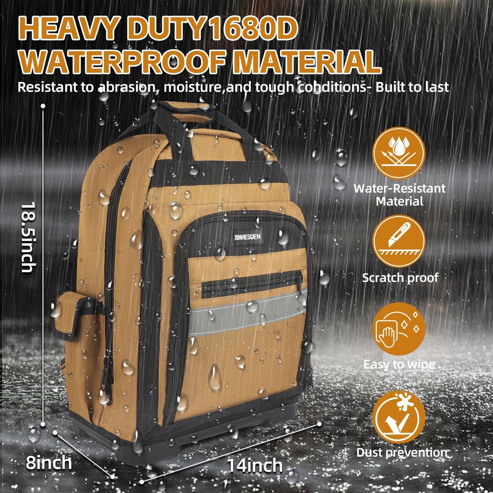 Heavy Duty Tool Backpack with Waterproof Base, Multi Pocket Organizer for Electr