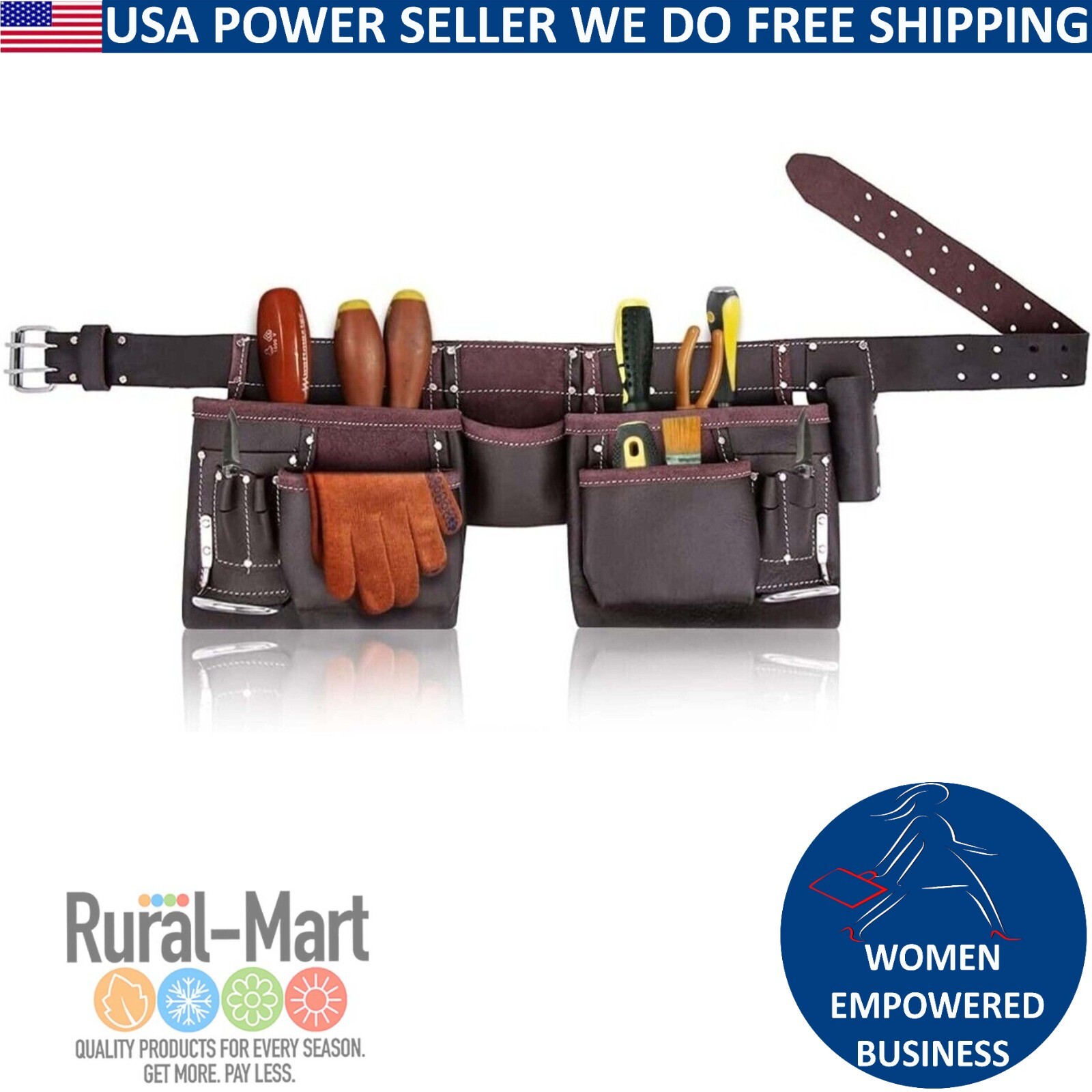 Leather Tool Belt 12-Pocket for Construction & Electrical Work Oil-Tanned