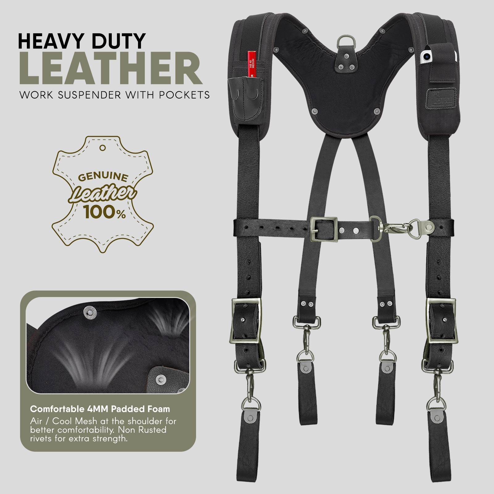 Trutuch Black Leather Tool Belt with Suspender | 18 Pockets | Framers Tool Belt