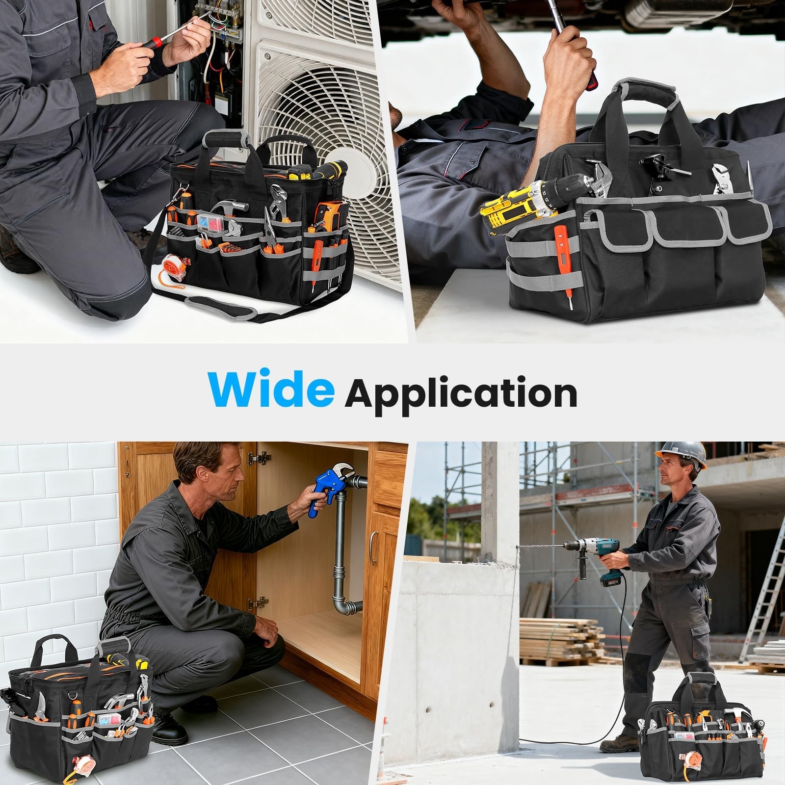 Heavy Duty 17″ Tool Bag – Waterproof Multi-Pocket Organizer with Adjustable Stra