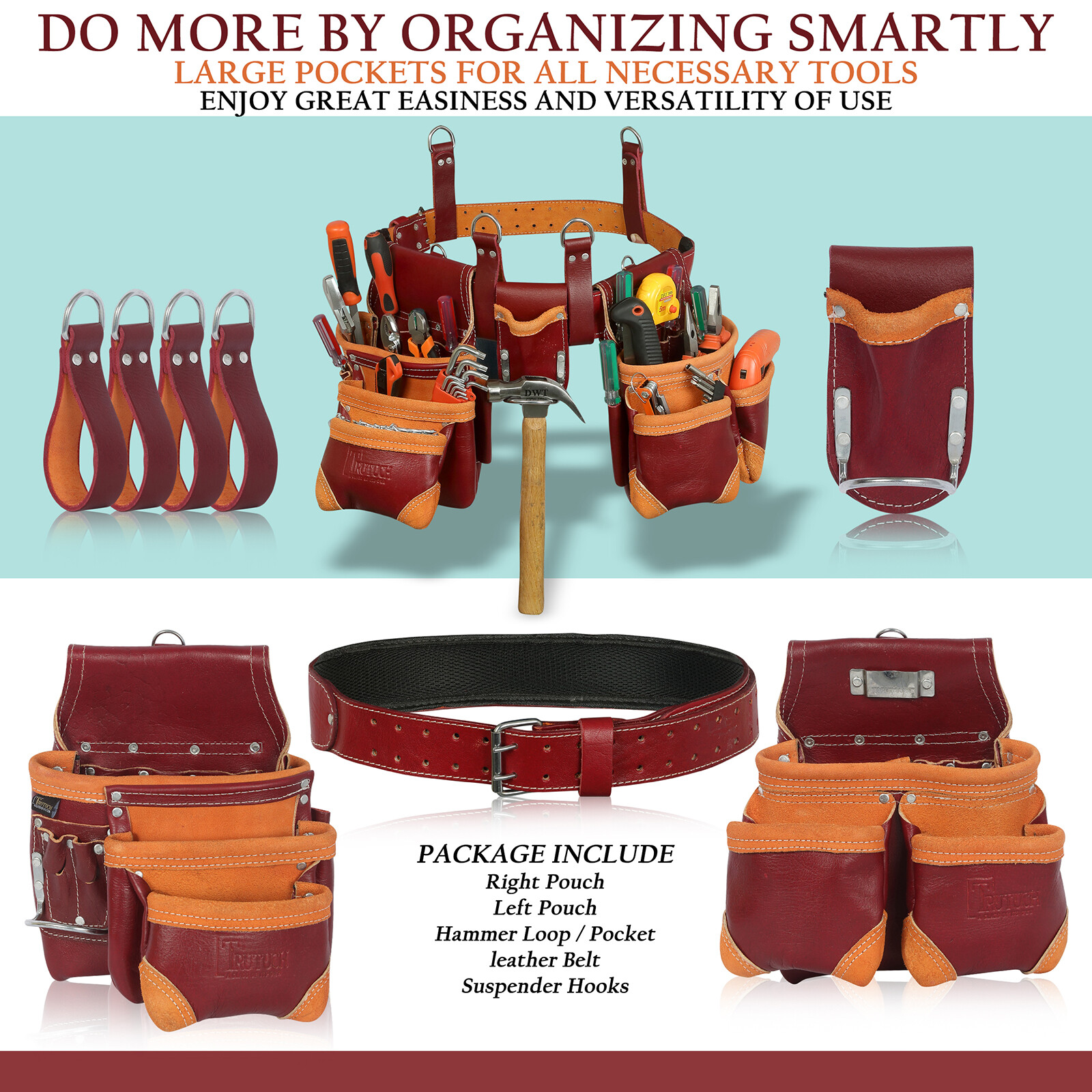 Trutuch Leather Carpenter Tool Belt | 18 Pockets | Framers Tool Belt | Handyman