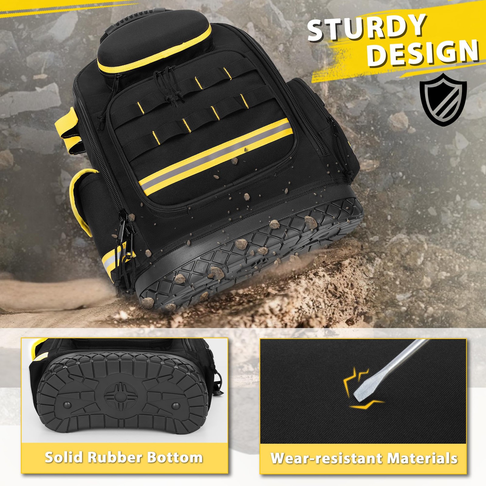 Heavy Duty Tool Backpack Hard Bottom Organizer Bag with 3 Pouches Storage
