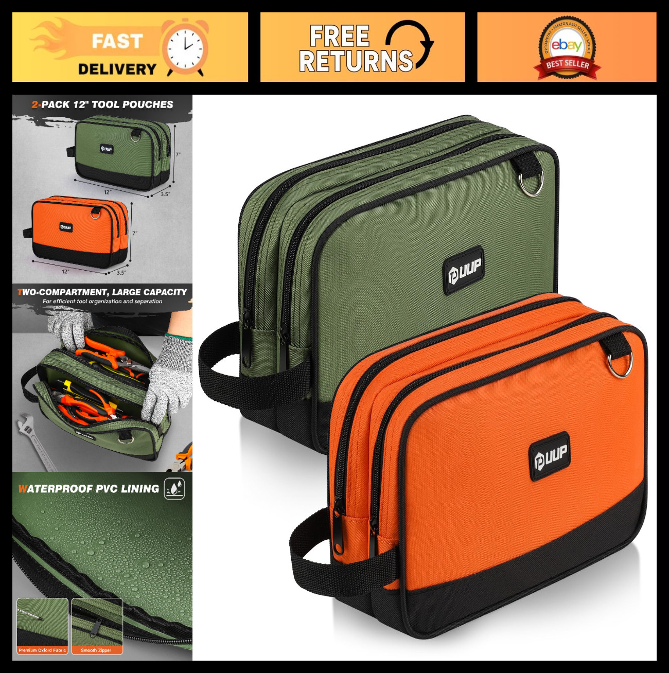 12″ Small Tool Bag 2 Pack – Zipper Pouch, 2 Compartments, Utility Organizer, Car