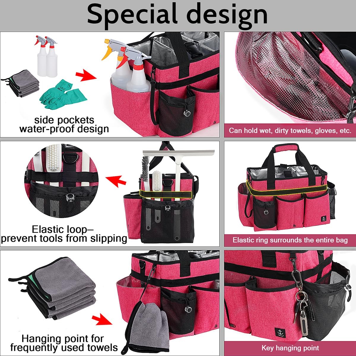 Timoxi Large Cleaning Caddy Bag Built-in Sturdy Support Board, Rose Red