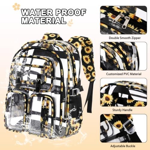 Clear Backpack for Girls – 3Pcs Heavy Duty Transparent Backpack Black Daisies