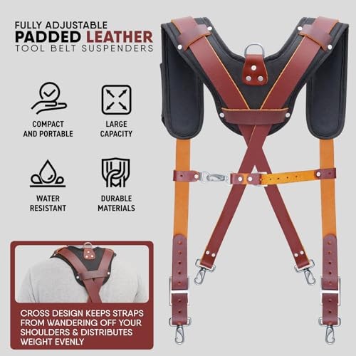 Leather Work Suspender with Cell Phone Pocket | Fully-Adjustable Padded Maroon