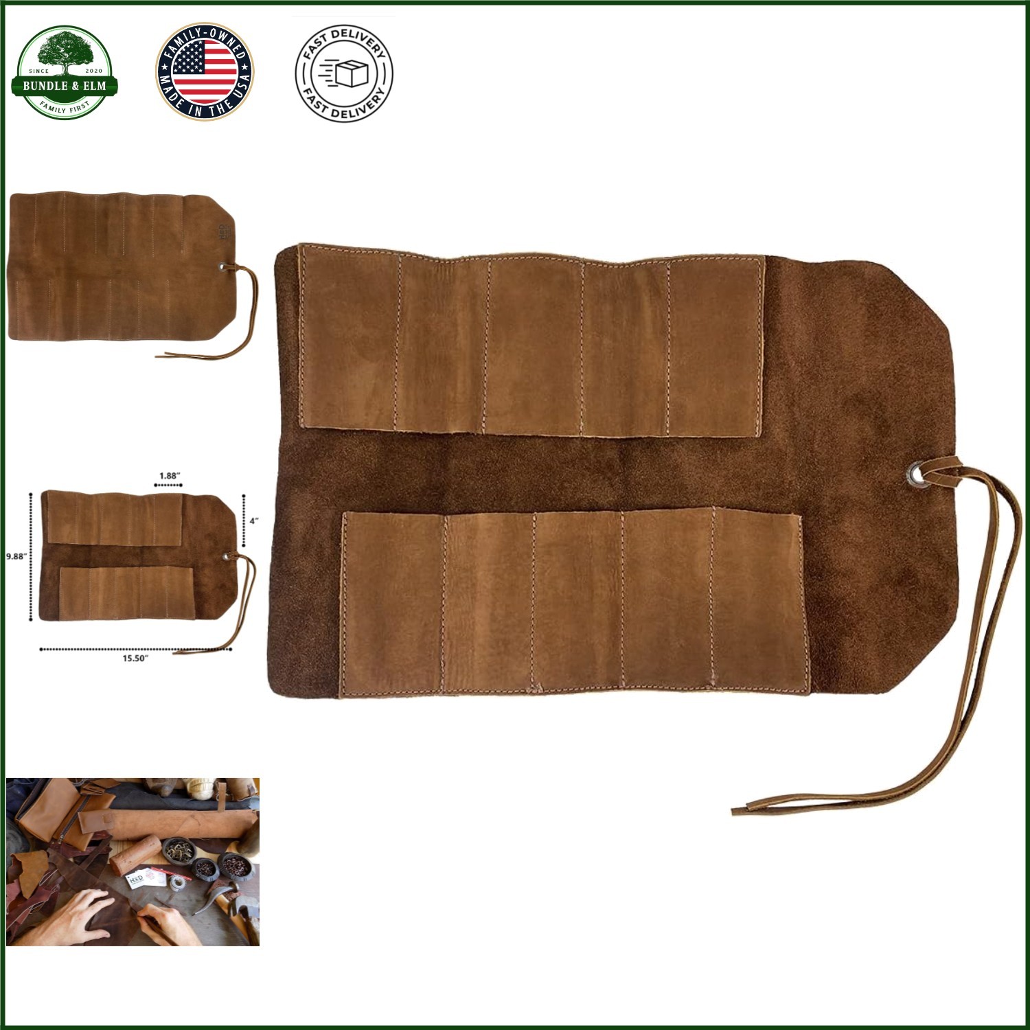 Handmade Leather Tool Organizer with 10 Compartments for Workshop Use