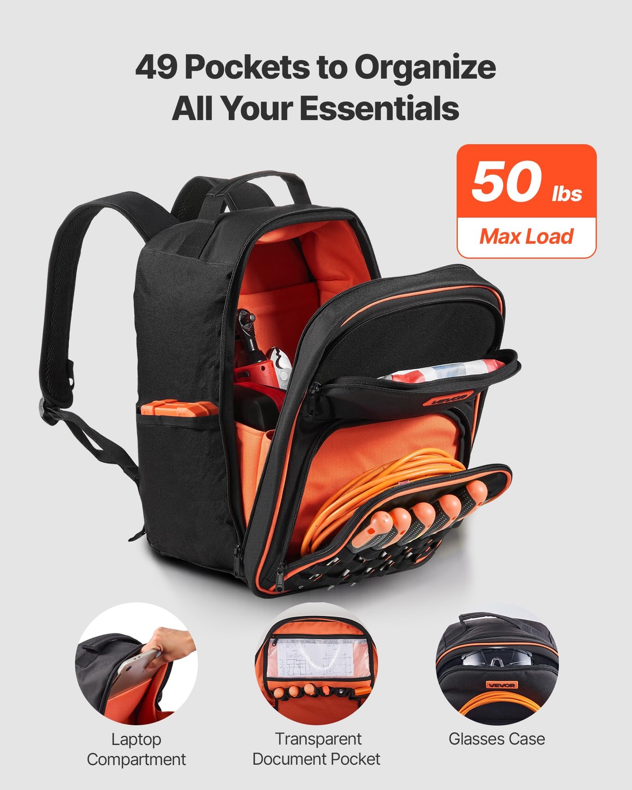 VEVOR Tool Backpack, 49 Pockets, Heavyduty Tools Storage Organizer Work Bags …