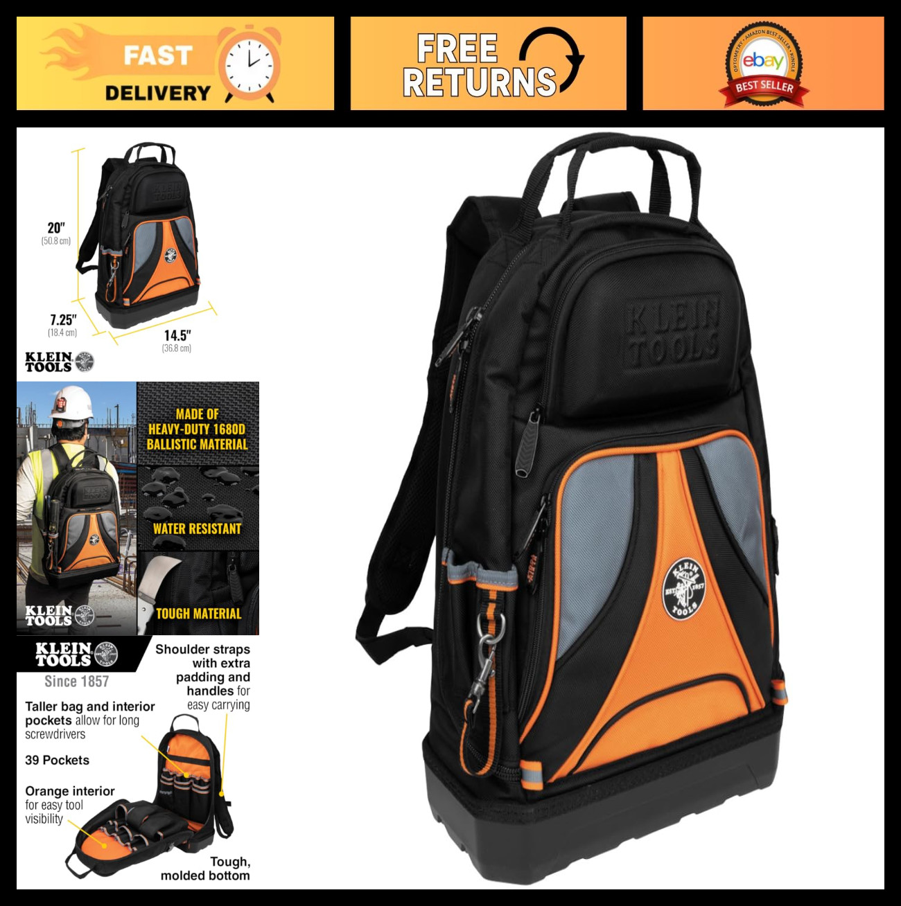 Heavy Duty Tool Backpack Organizer with 39 Pockets & Molded Bottom – Tradesman P