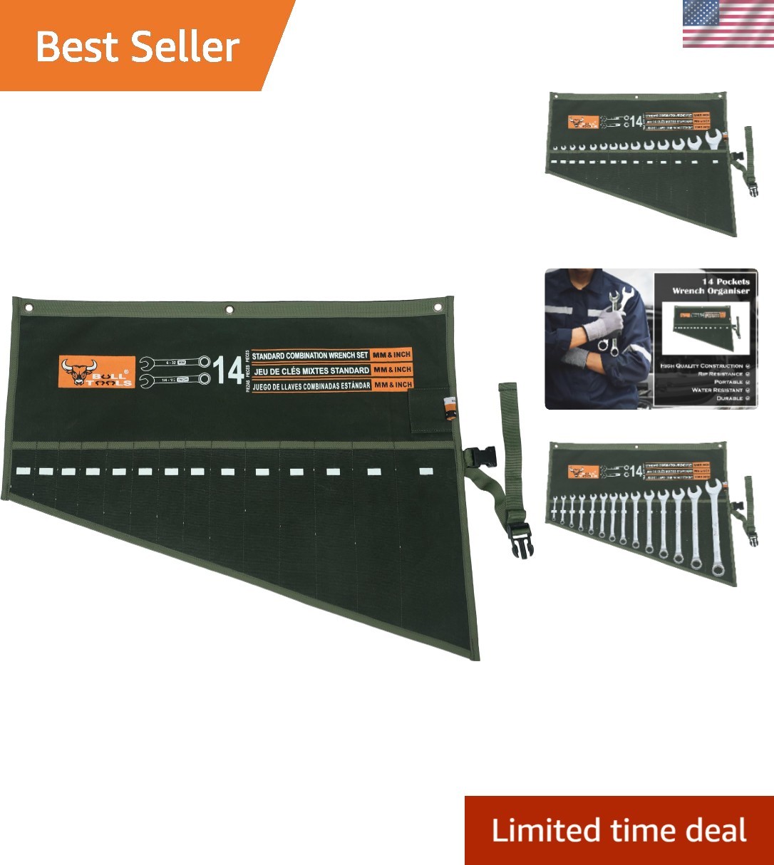 Portable 14 Pocket Wrench Roll Organizer for Mechanics – Olive Drab Finish