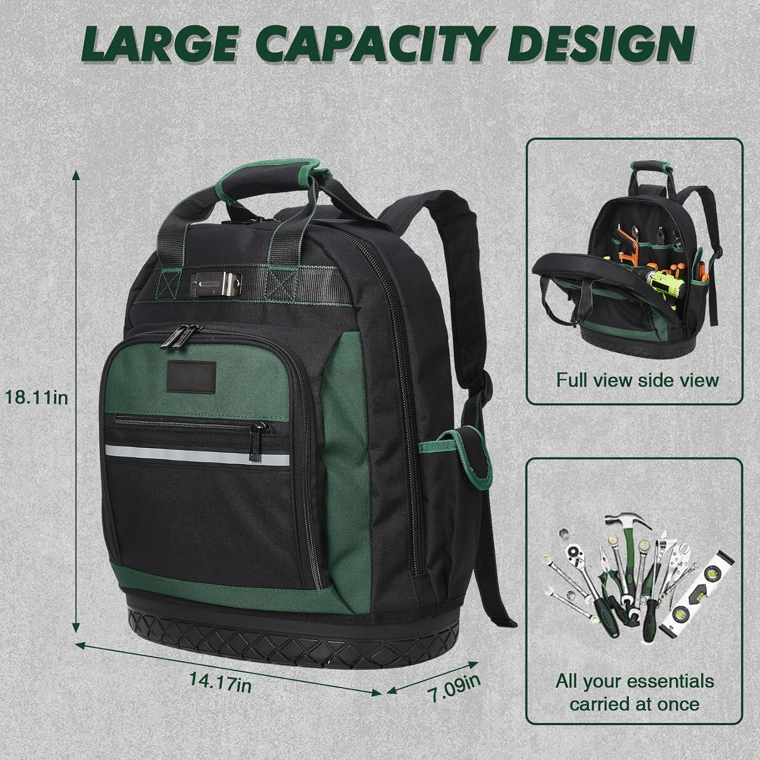 Tool Backpack 17in Oxford Curved Hard Base Large Capacity Shockproof Ergonomic