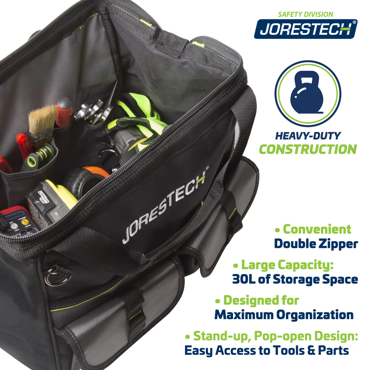 Tool BAG 16 Inch 22 Pockets 16″ x 10″ x 11″ Storage Wide Mouth 30 L JORESTECH