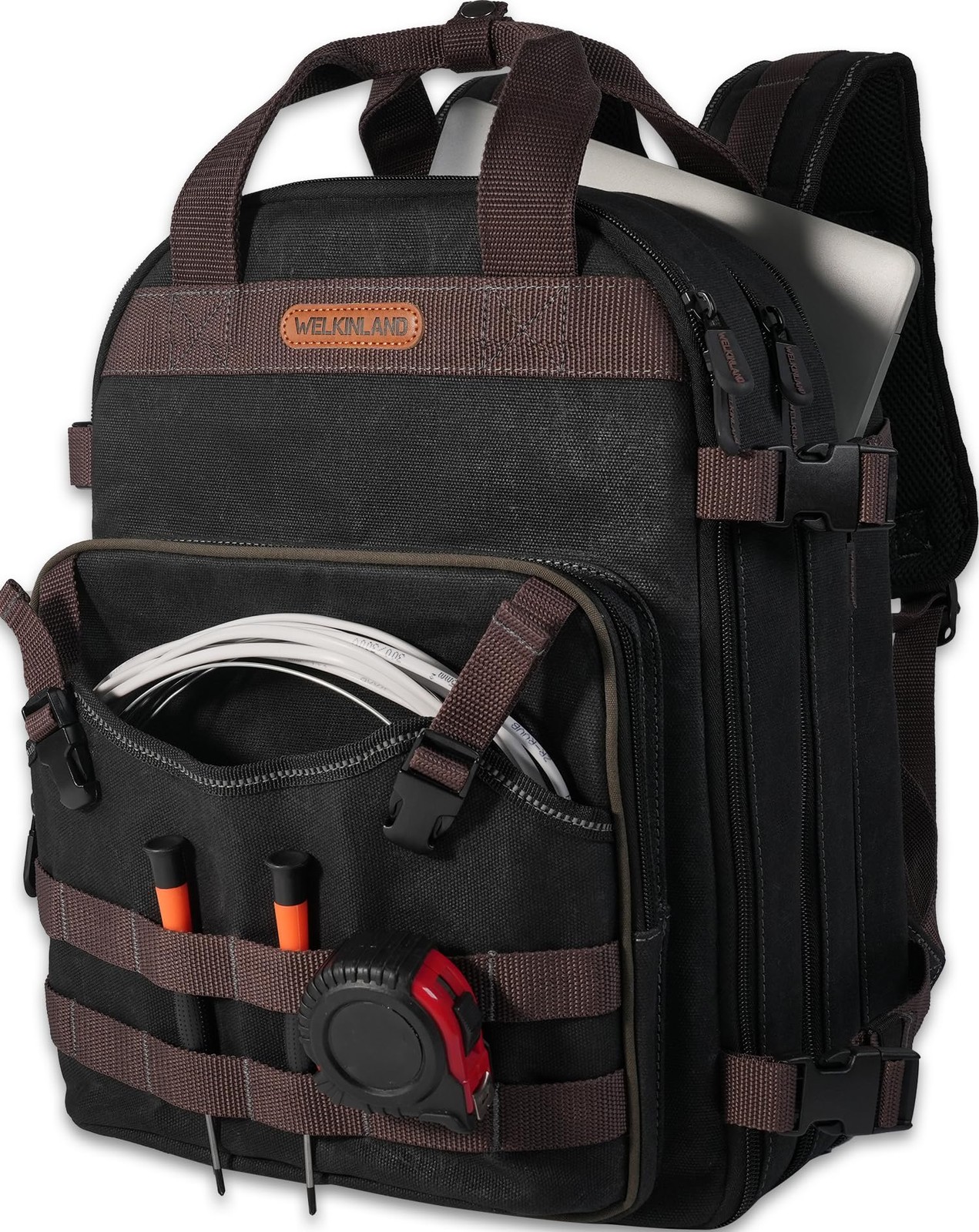 90-Pockets Electrician Backpack, Wax-Canvas Tool Backpacks Heavy Duty, Convenien