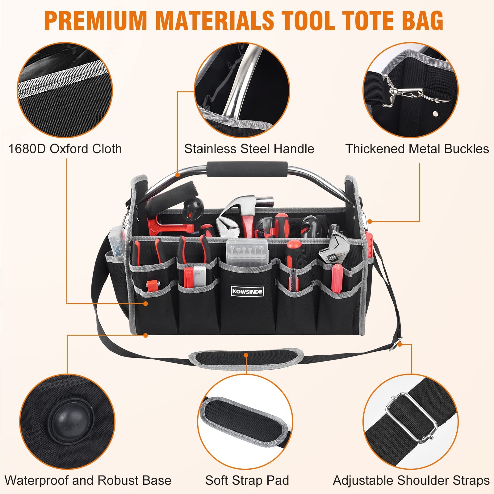 Kowsinde 16 Inch Tool Bag, Electrician Open Top 16 inches, Grey