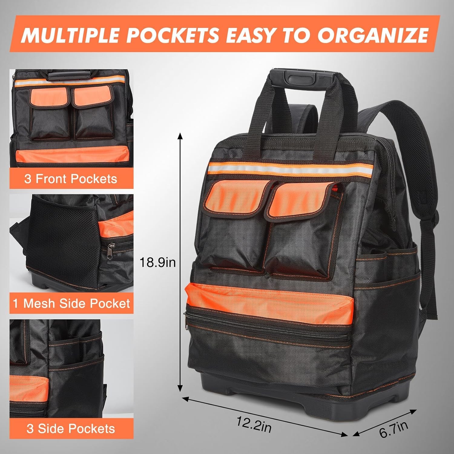 Heavy Duty Contractor Tool Backpack 17in Waterproof Oxford Bag Reinforced Base