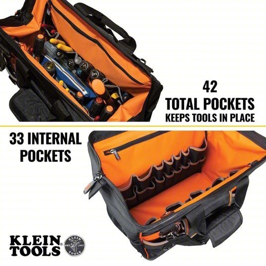 KLEIN TOOLS Tool Bag: 17 1/2″ W x 10″ D x 16″ H, Black, Polyester, 42 Pocket New